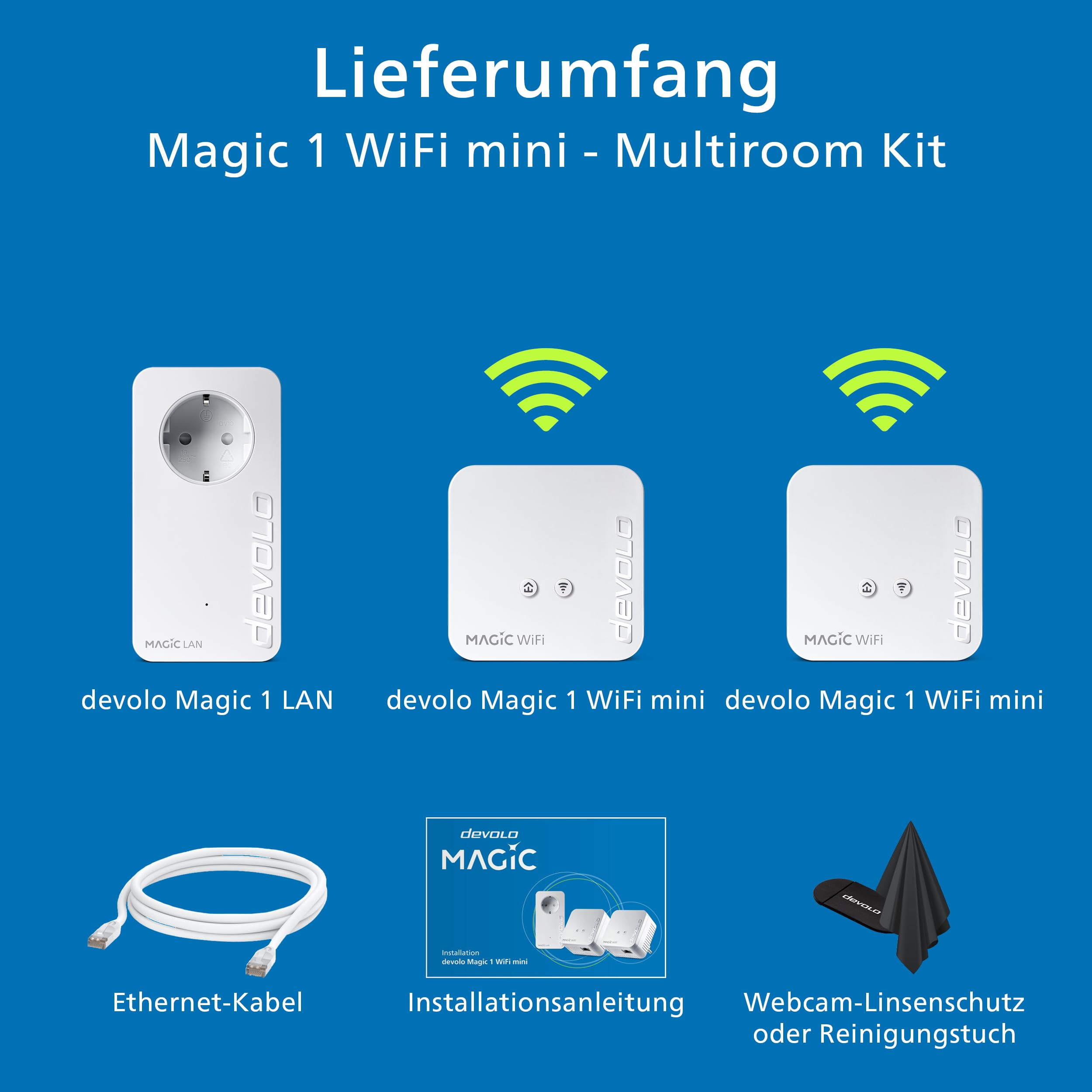 devolo Magic 1 WiFi mini Multiroom Kit, WLAN Powerline Adapter, bis zu 1.200 Mbit/s, WLAN Verstärker, 1x LAN Anschluss