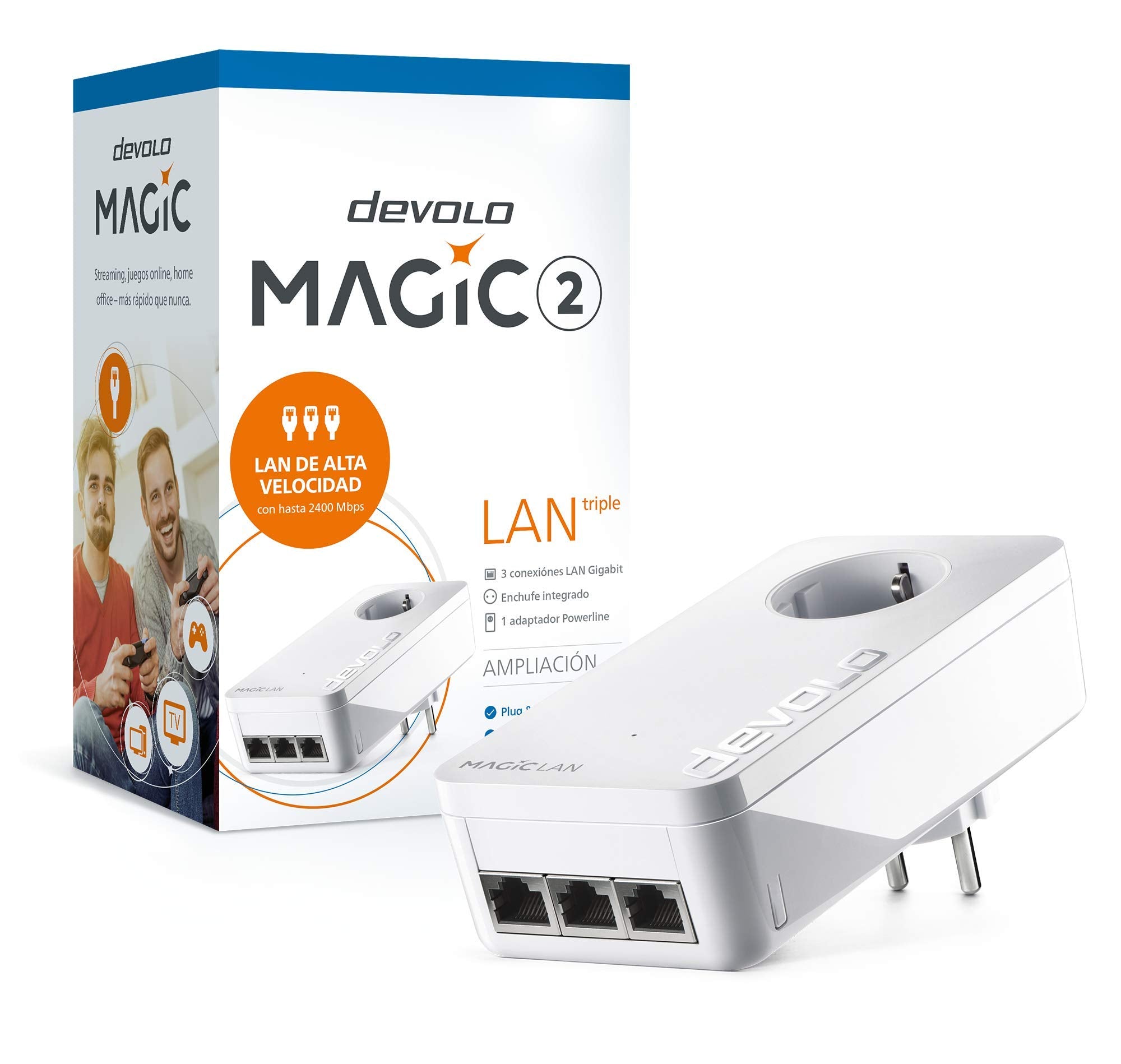 Devolo Magic 2 LAN Triple Adapter für EIN stabiles Heimnetzwerk durch Stromkabel, G.hn Technologie, 3 Gigabit-LAN-Anschlüsse, weiß