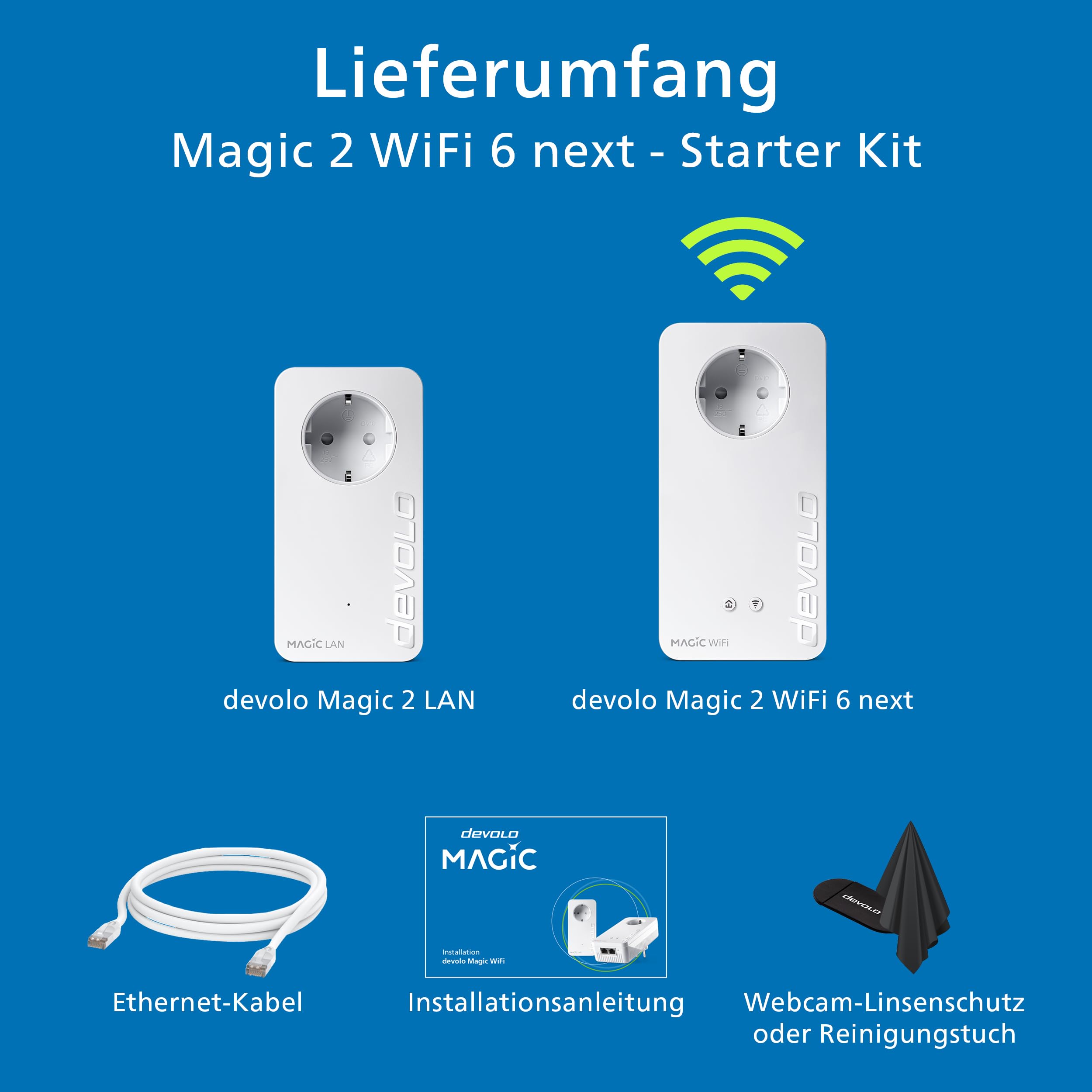 devolo Magic 2 WiFi 6 Next Starter Kit, WLAN Powerline Adapter, bis zu 3.000 Mbit/s über Wi-Fi 6, Mesh WLAN Steckdose, 2X Gigabit LAN, weiß