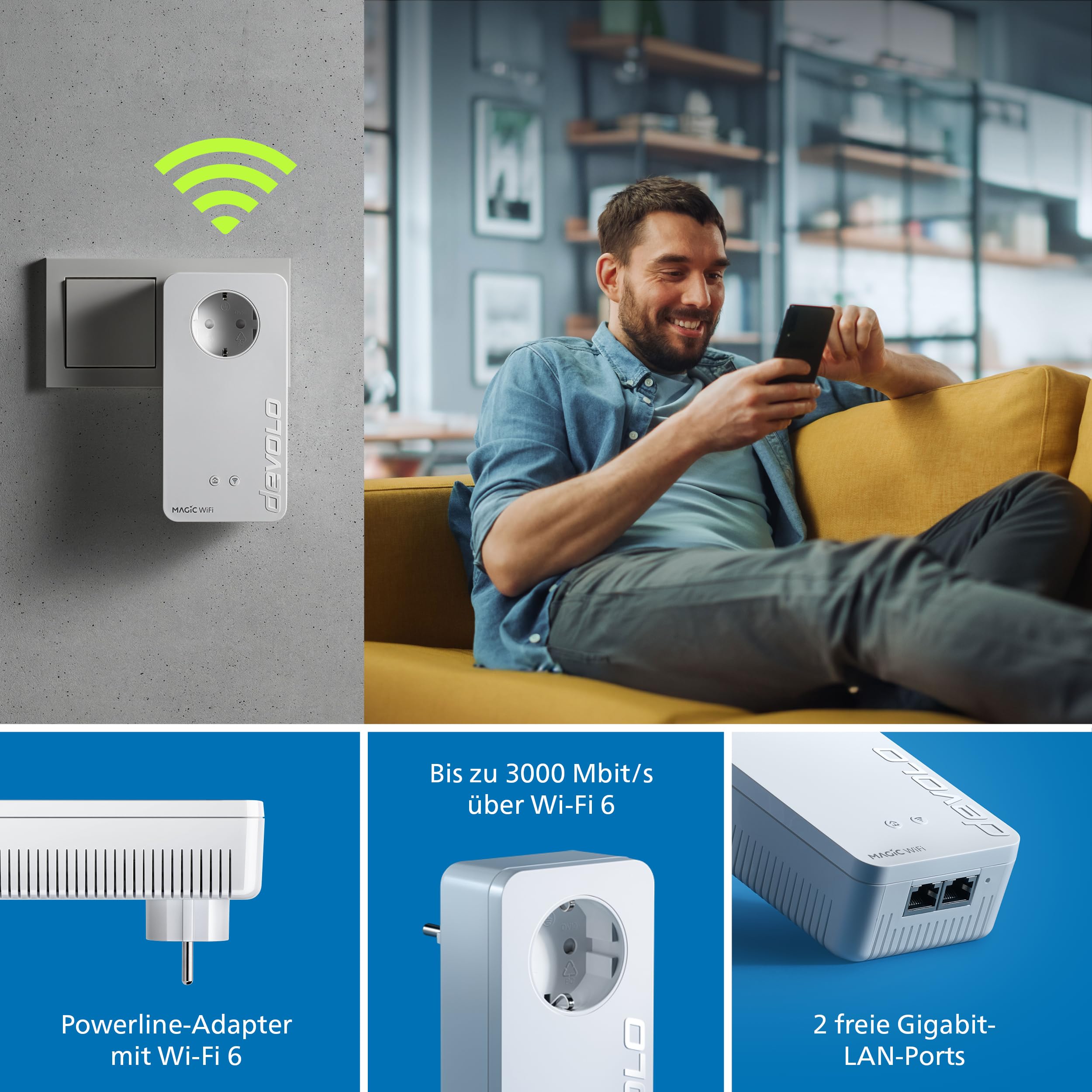 devolo Magic 2 WiFi 6 Next Starter Kit, WLAN Powerline Adapter, bis zu 3.000 Mbit/s über Wi-Fi 6, Mesh WLAN Steckdose, 2X Gigabit LAN, weiß